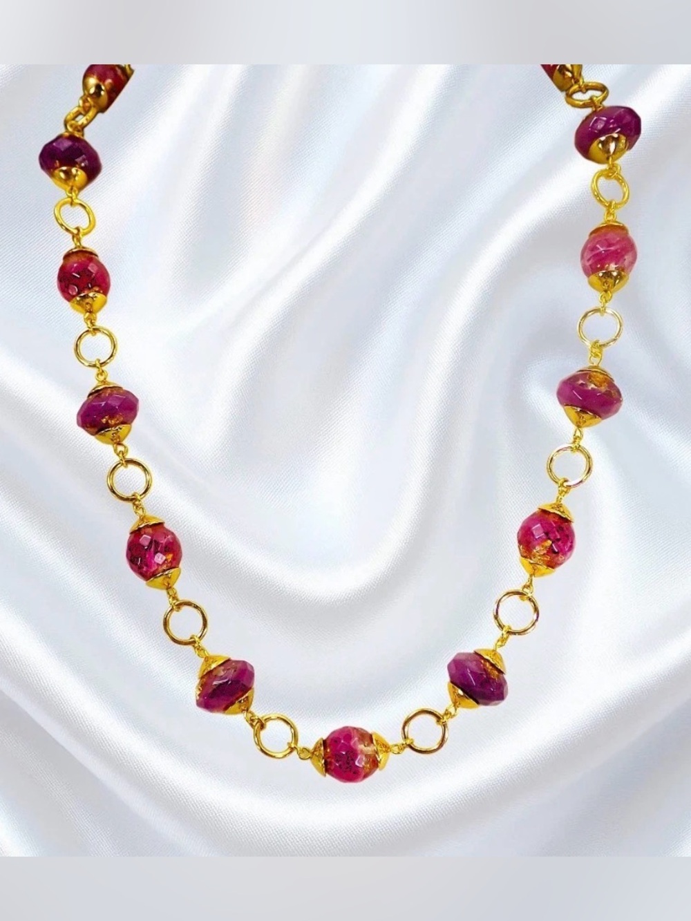 Purple and Gold Bead Necklace with gold leaf beads, gold plated round links New